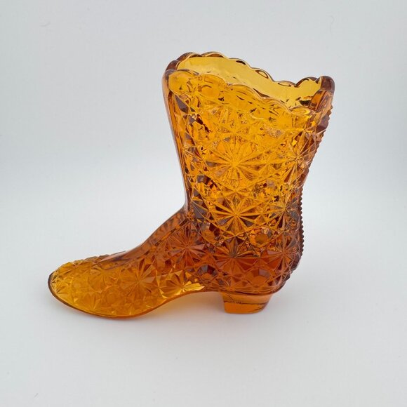 Fenton Other - Vintage Fenton Glass Amber Daisy & Button Boot with Scalloped Edge 4"